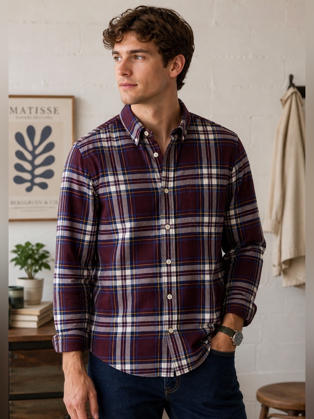 Men’s American Eagle Maroon Plaid Classic Fit Button-down long sleeve. Size M